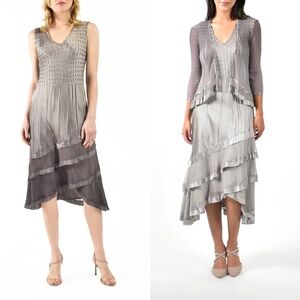 Komarov Charmeuse Dress Luminous Oyster Smoke Ombre Tiered Satin Midi
